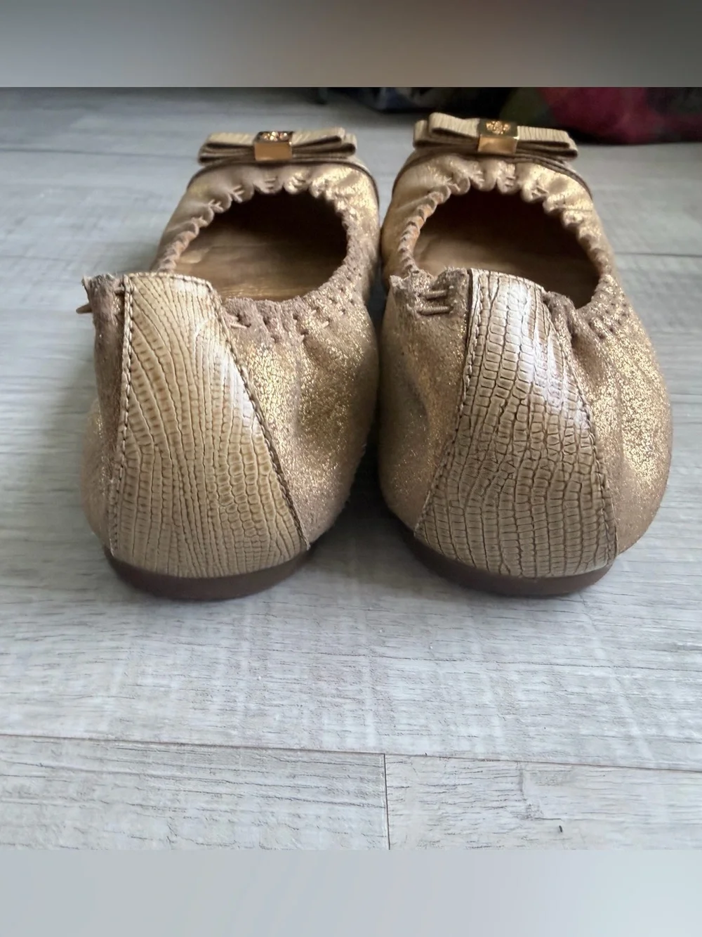 Tory Burch Metallic Gold Elastic Ballet Flats with Logo Bow 8